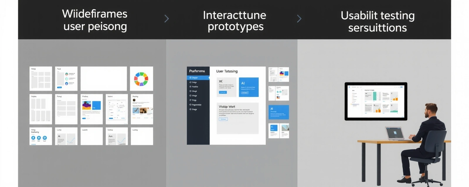 User interface design process showing wireframes, prototypes, and user testing