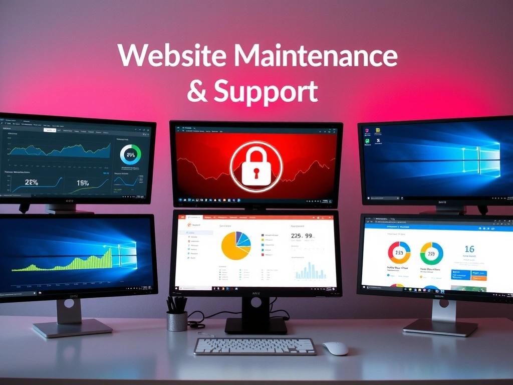 Website maintenance and support dashboard showing monitoring tools, analytics, and security features